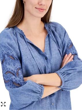 Charter Club 100% Linen Blue Embroidered Tassel Button-Front Tunic